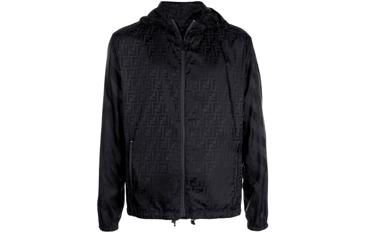 FENDI FW21 Black Logo Hooded Windbreaker Jacket. FAA528ABSKF0GME