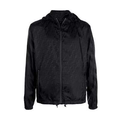 FENDI FW21 Black Logo Hooded Windbreaker Jacket. FAA528ABSKF0GME