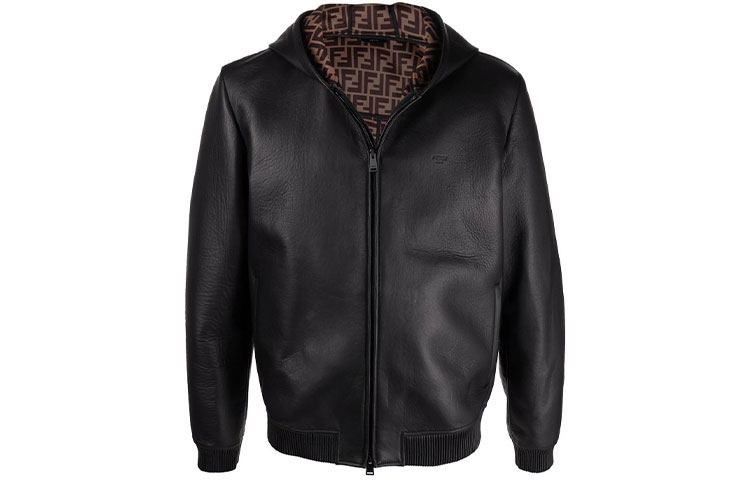 Fendi FW21 Logo Print Hooded Leather Jacket Black FPJ046A4C6F0QA1