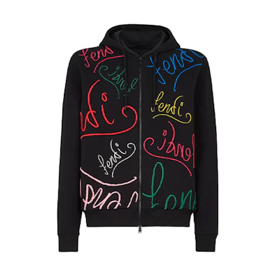 FENDI FW21 Monogram Zip-Up Hoodie Sweater Men’s Black. FY0984AH0WF0BHU
