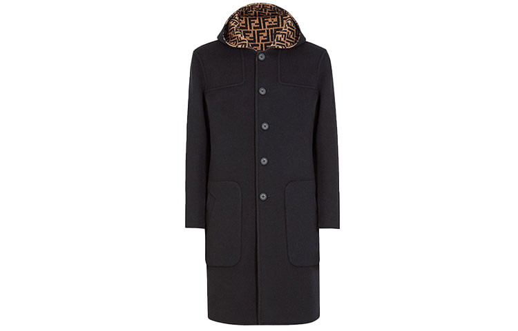 FENDI FW21 Reversible Wool Coat with FF Logo and Hood - Black. FF0249A4LJF0QE1
