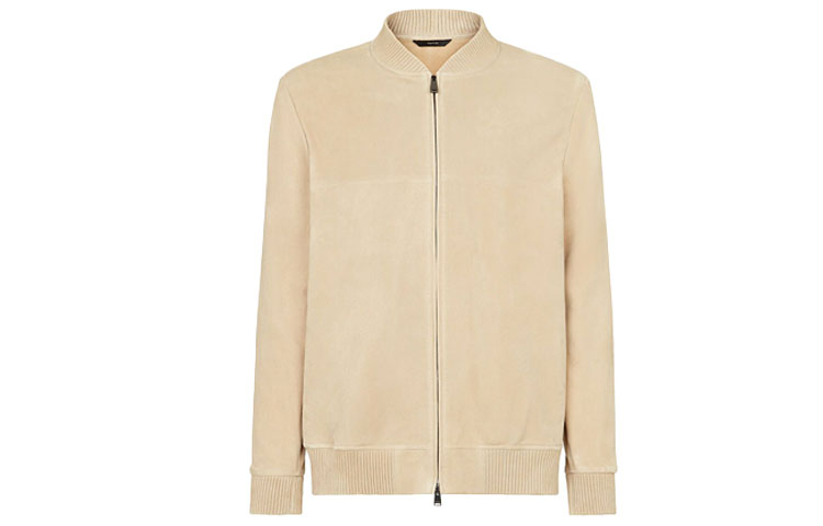 Fendi FW21 Suede Logo Embroidered Lambskin Bomber Jacket Beige for Men FPJ045AFRZF0QB9