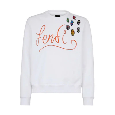 FENDI FW21 White Sweatshirt with Logo Embroidery Appliqué Details. FY1091AH12F05WL