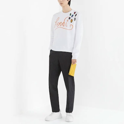 FENDI FW21 White Sweatshirt with Logo Embroidery Appliqué Details. FY1091AH12F05WL Shop FENDI FW21 White Sweatshirt with Logo Embroidery Appliqué Details. FY1091AH12F05WL