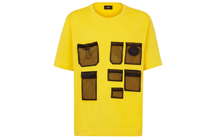 FENDI FW21 Yellow Cotton T-Shirt with Mesh Front Pocket. FY0936AGAIF1DO6