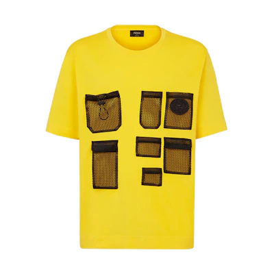 FENDI FW21 Yellow Cotton T-Shirt with Mesh Front Pocket. FY0936AGAIF1DO6