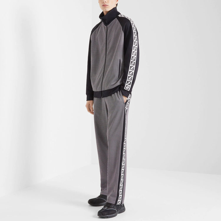 Shop フェンディ FW22 ブラック千鳥格子ロゴプリント ハイネックルーズジャケット FAF662AL47F0J8Z