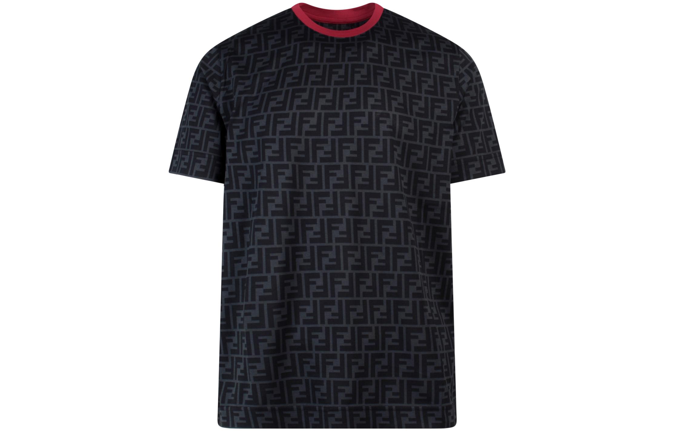 Buy FENDI FW22  Black Logo Pattern Short-Sleeve T-Shirt with Contrast Collar FY0936A6ZUF0856
