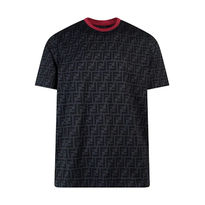 FENDI FW22 Black Logo Pattern Short-Sleeve T-Shirt with Contrast Collar FY0936A6ZUF0856