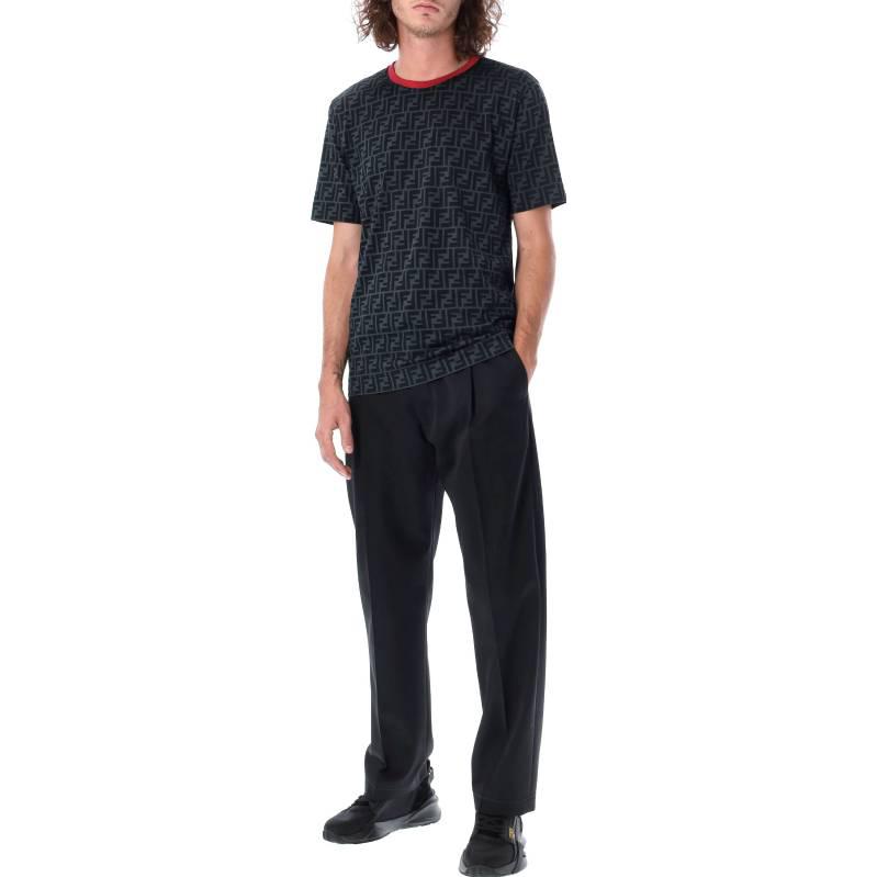 Shop FENDI FW22  Black Logo Pattern Short-Sleeve T-Shirt with Contrast Collar FY0936A6ZUF0856