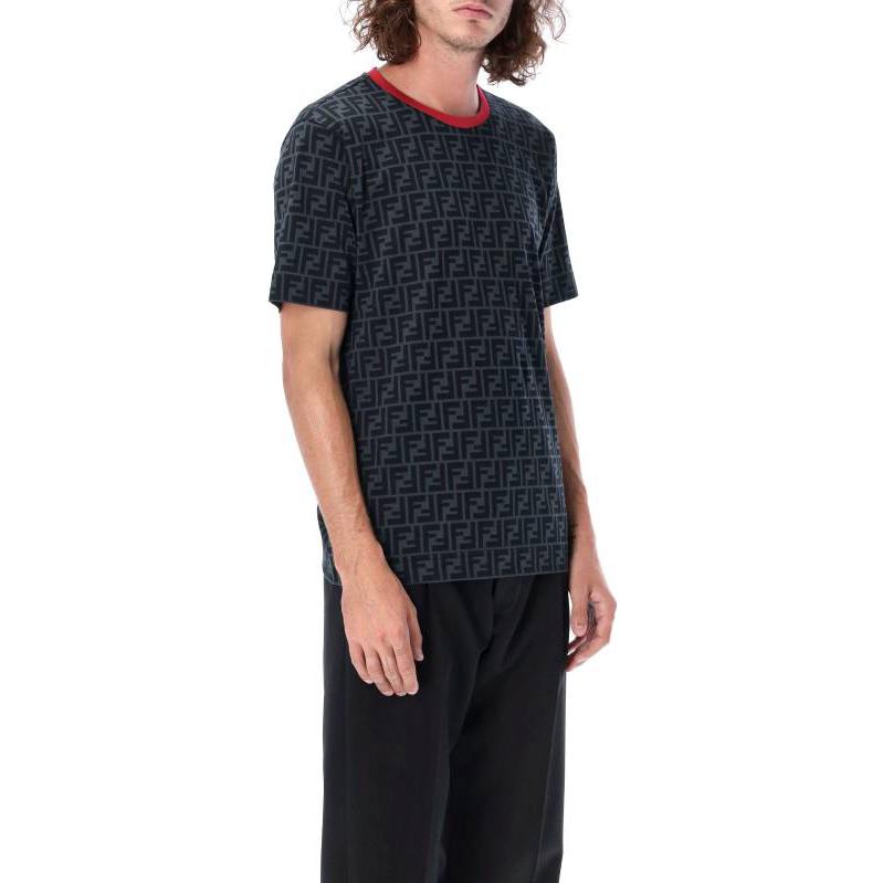 Purchase FENDI FW22  Black Logo Pattern Short-Sleeve T-Shirt with Contrast Collar FY0936A6ZUF0856