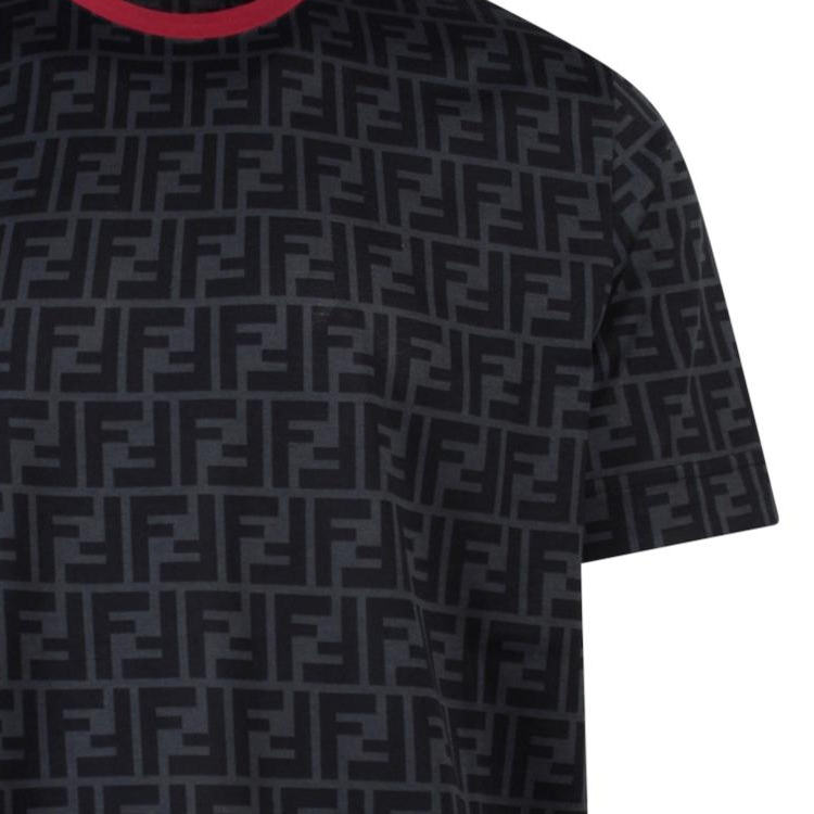 Details for FENDI FW22  Black Logo Pattern Short-Sleeve T-Shirt with Contrast Collar FY0936A6ZUF0856