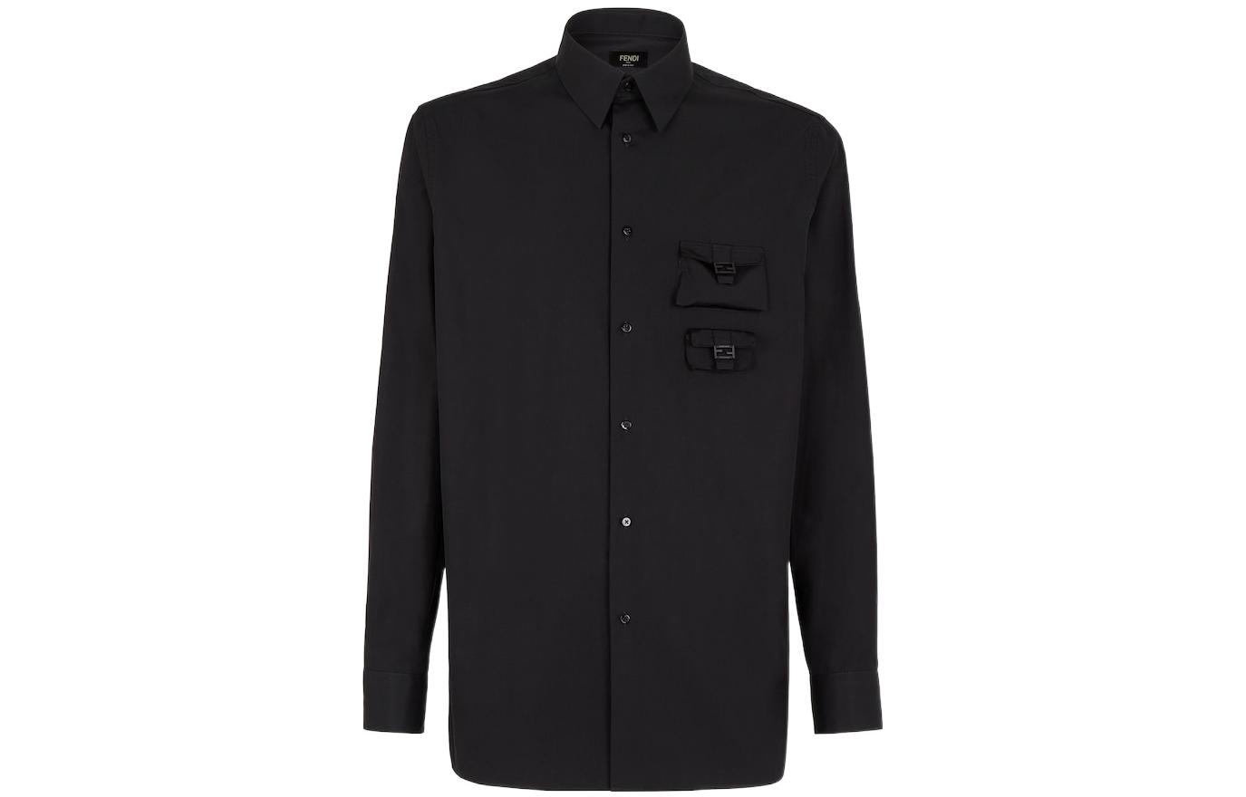 FENDI FW22  Black Long-Sleeve Cotton Shirt with Single-Breasted Design. FS1071AM8SF0QA1
