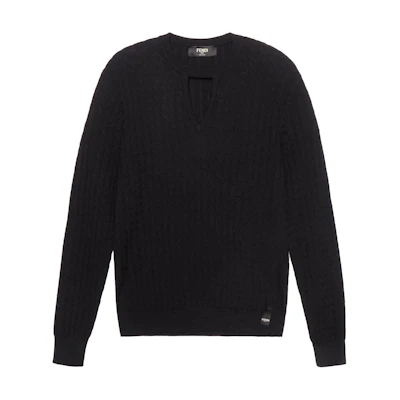 FENDI FW22 Black Solid Cable Knit Wool Sweater. FZX077AL3PF0QA1