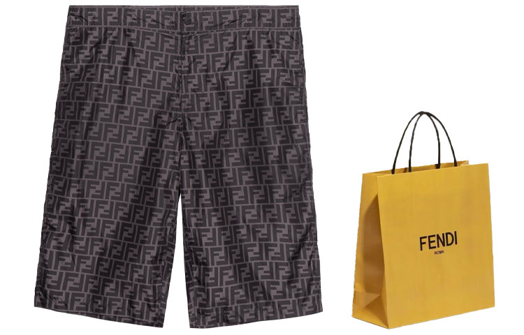 Shop FENDI FW22 黑色直筒短褲 全版Logo印花 FXB079AL4EF0DS7