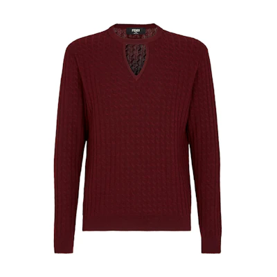 FENDI FW22 Burgundy Cable Knit Wool Sweater. FZX077AL3PF012T