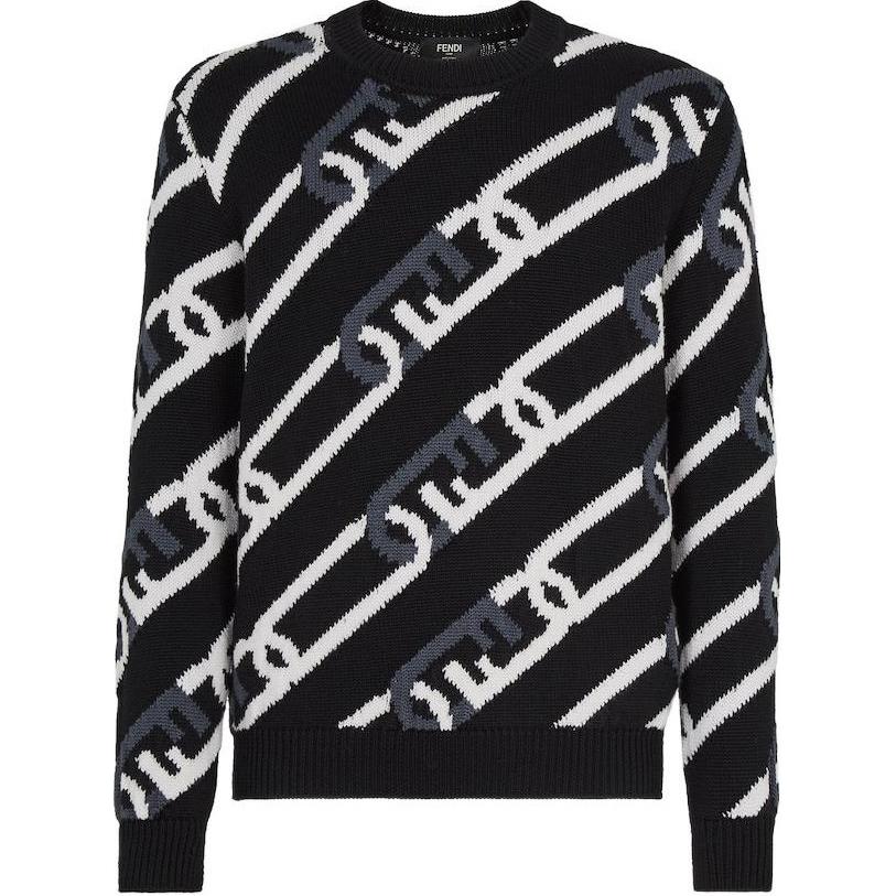 FENDI FW22  Chain Pattern Crewneck Pullover Sweater Black FZX085AL3VF0QA1