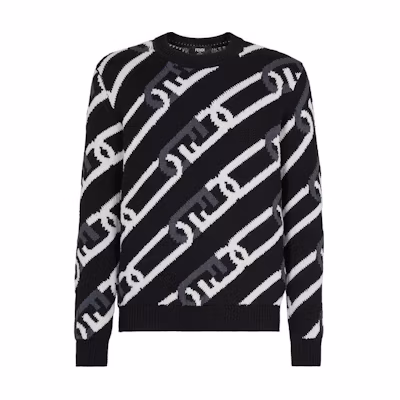 FENDI FW22 Chain Pattern Crewneck Pullover Sweater Black FZX085AL3VF0QA1