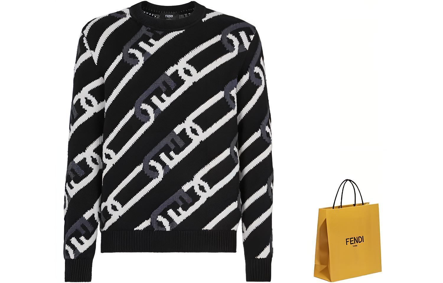 Shop FENDI FW22 链条图案黑色圆领毛衣 FZX085AL3VF0QA1