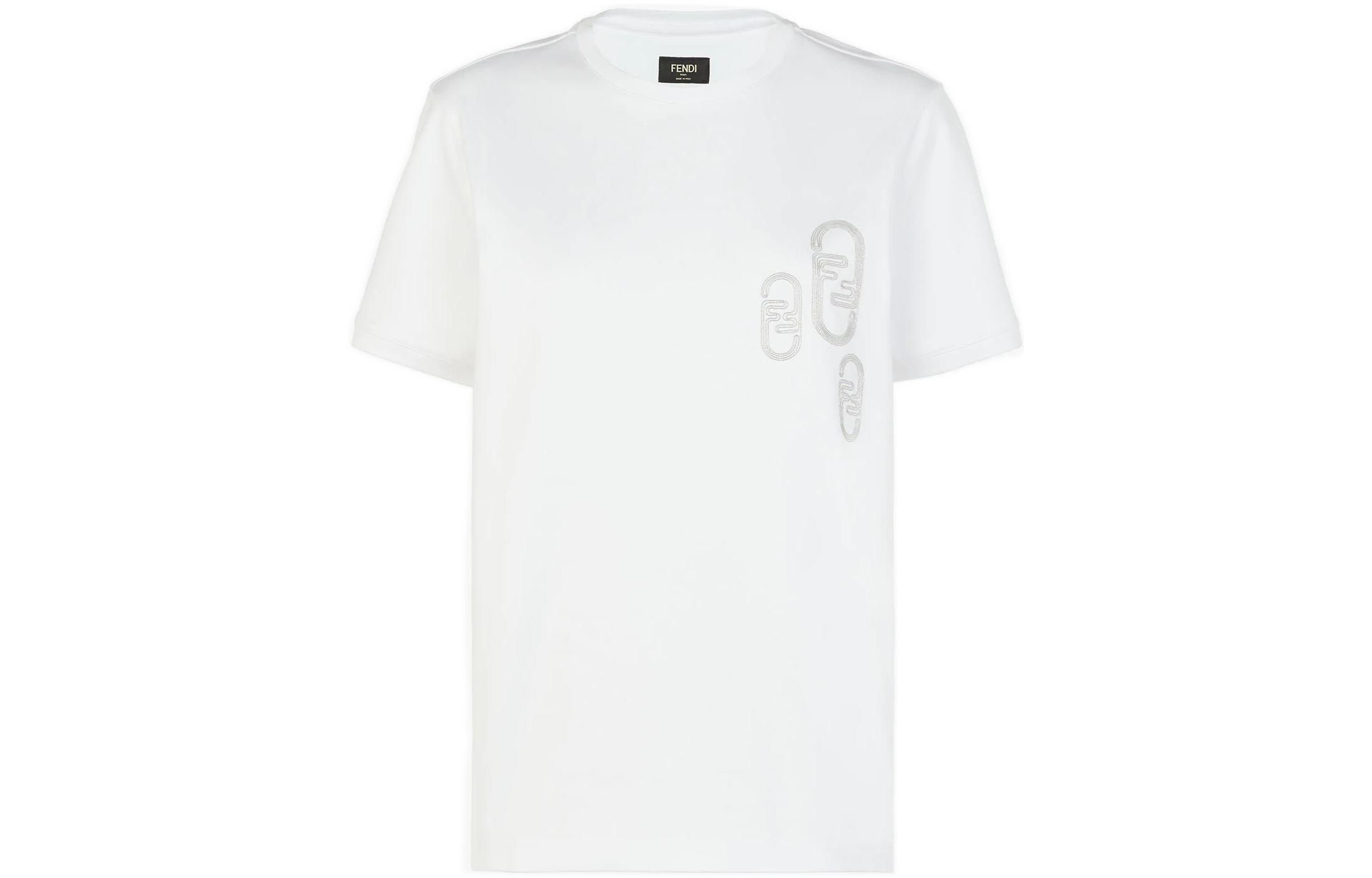 FENDI FW22 'Fendi O'Lock' Graphic Chain Cotton Jersey T-Shirt  White. FY0894AL0OF0QA0