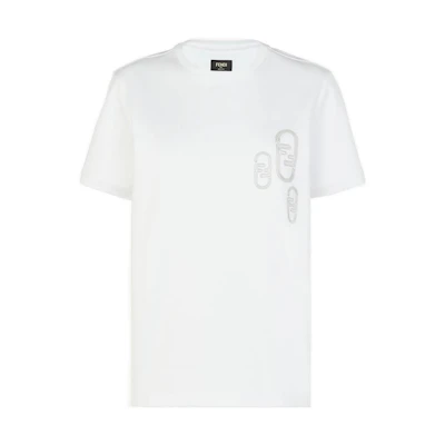 FENDI FW22 'Fendi O'Lock' Graphic Chain Cotton Jersey T-Shirt White. FY0894AL0OF0QA0