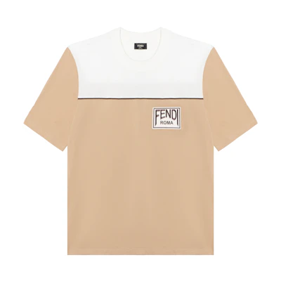 FENDI FW22 Logo Print Color-Block Short Sleeve T-Shirt Light Brown FAF654AKHAF1200