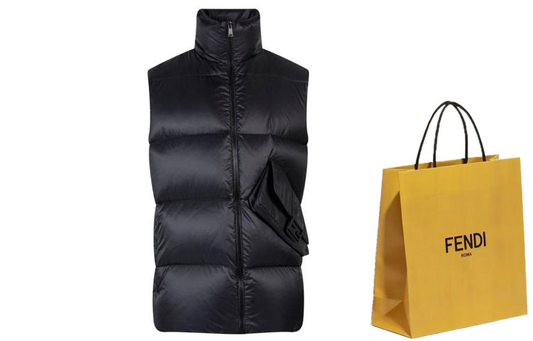 Shop FENDI FW22 黑色压纹拉链立领羽绒背心。 FAA873AM0KF0GME