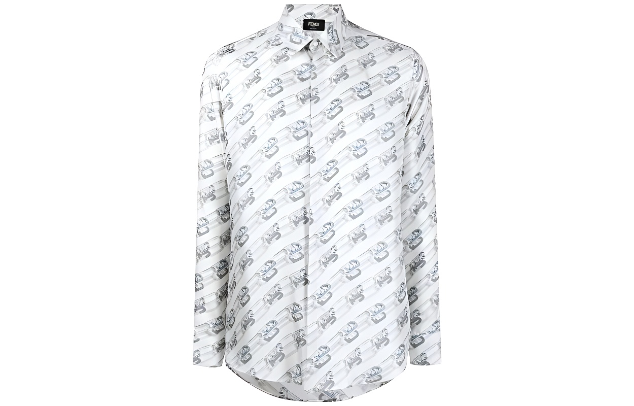 FENDI FW22  White Long Sleeve Shirt with All-Over Print and Collar. FS0585AL2MF0TU9