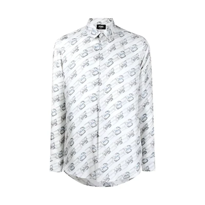FENDI FW22 White Long Sleeve Shirt with All-Over Print and Collar. FS0585AL2MF0TU9