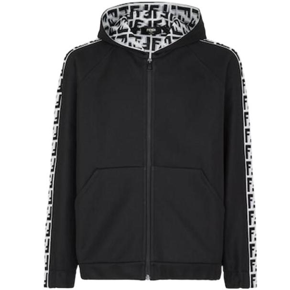 Fendi FW22 Black Hooded Jacket with Logo Trim Long Sleeves FAF665AM0BF0GME