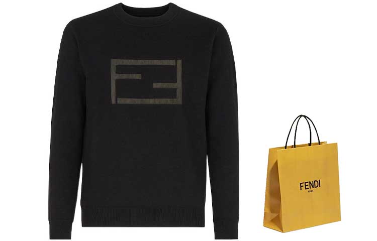 Shop FENDI FW22 黑色拼紋長袖圓領針織毛衣 FZX116AM69F0QA1