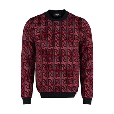 FENDI FW22 Red Logo Print Knit Crewneck Sweater Men’s Loose Fit. FZX009ALJZF0E1U