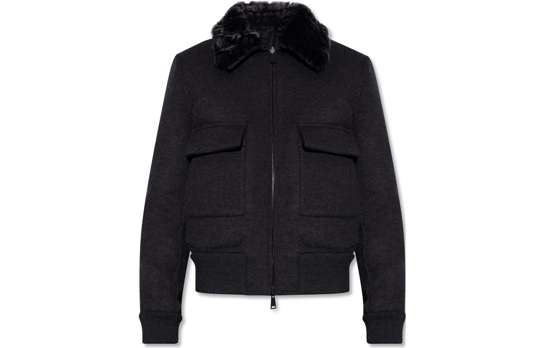 Fendi FW22 Solid Color Furry Collar Jacket Dark Gray FW1084AHBUF0MYM