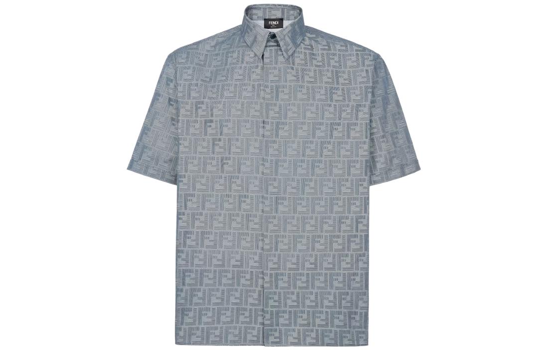 FENDI FW23 All-over Button Straight Cut Short Sleeve Shirt Men Light Blue FS0795APQHF0QB0
