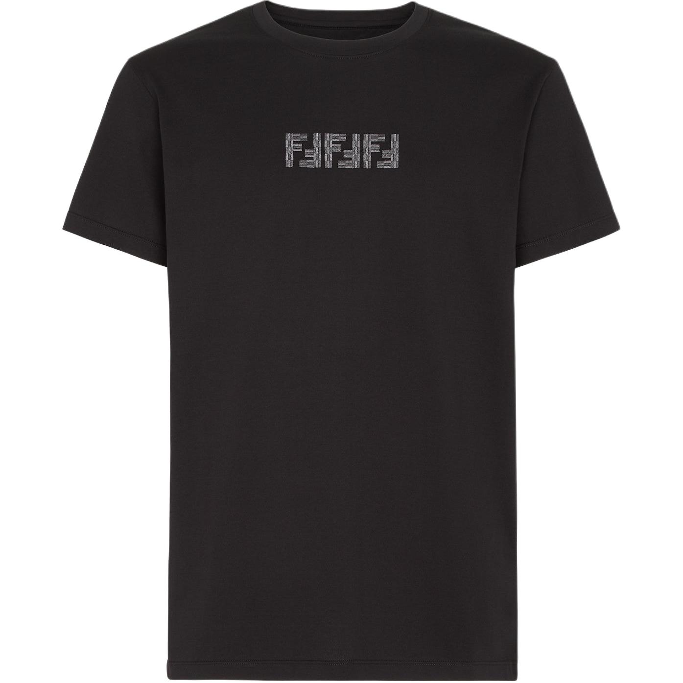 FENDI FW24  Black Crewneck T-Shirt with Embroidered Letter Pattern. FY1319ASE7F0QA1