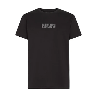 FENDI FW24 Black Crewneck T-Shirt with Embroidered Letter Pattern. FY1319ASE7F0QA1