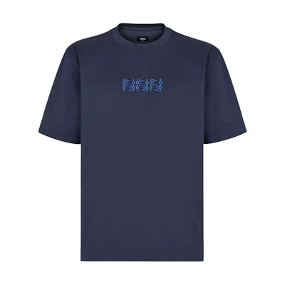 FENDI FW24 Blue Embroidered Lettering Crewneck Casual T-Shirt FY1319ASE7F0QB0