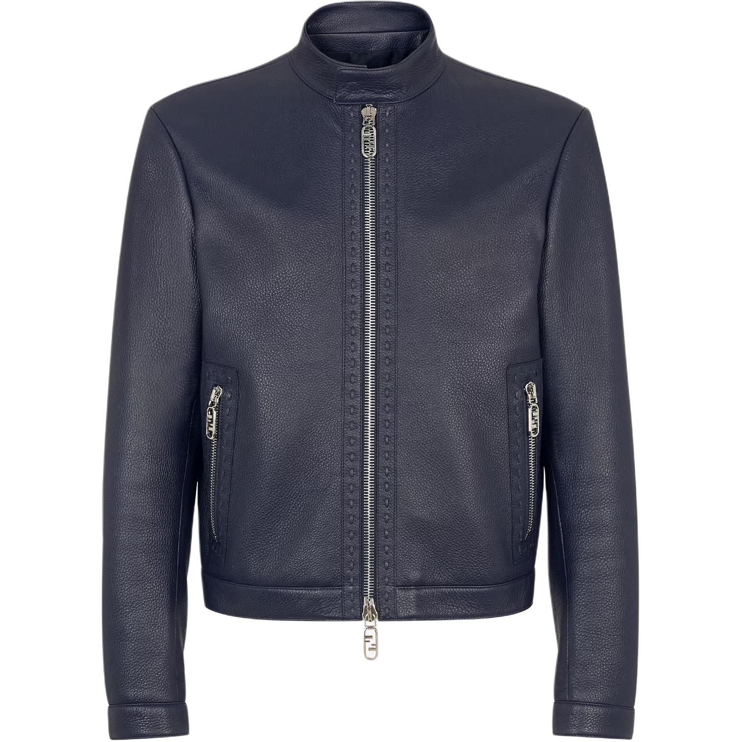 FENDI FW24  Blue Leather Short Jacket with Zip and Stand Collar. FPJ134AQOPF0N5W