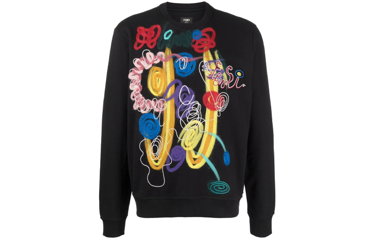 FENDI Graffiti Crewneck Long Sleeve Sweatshirt  Black FY0178AH0RF0QA1