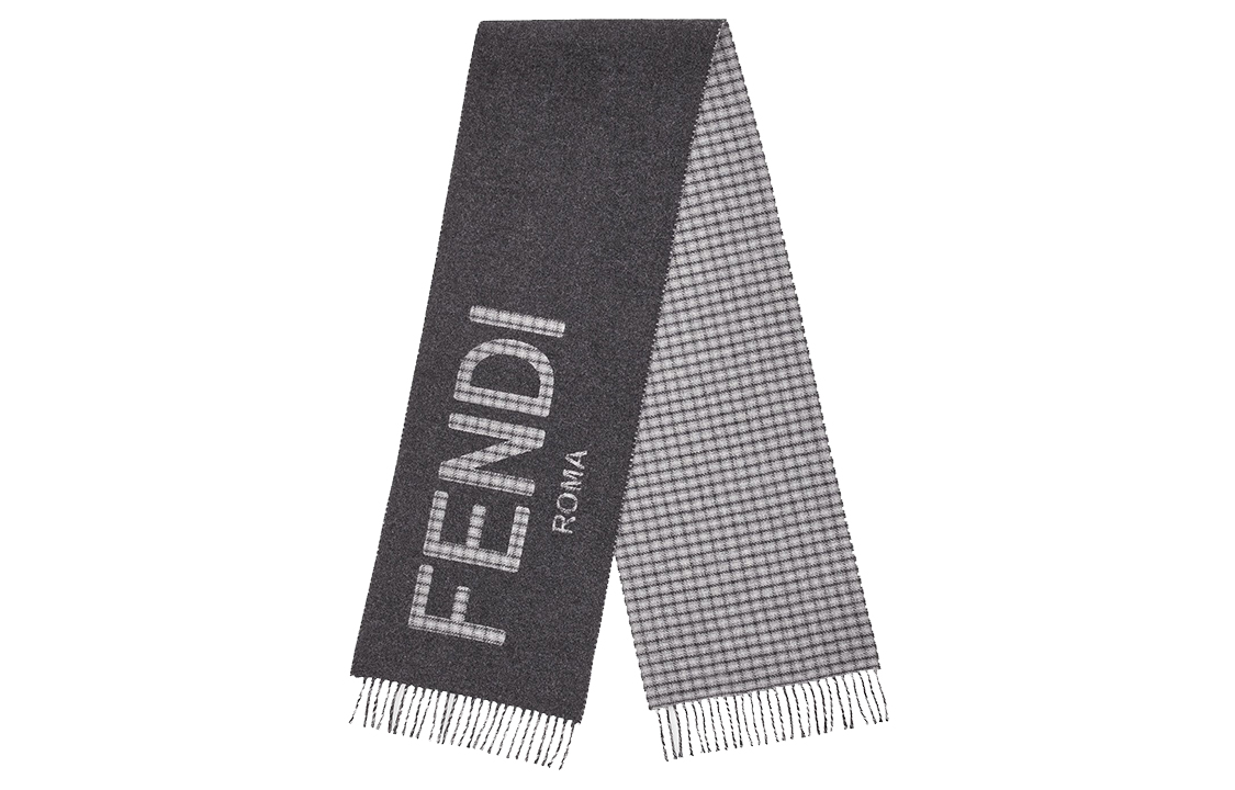 FENDI Gray Plaid Reversible Wool-Cashmere Blend Scarf Unisex Couple Style FXT334AHR1F0QZ0
