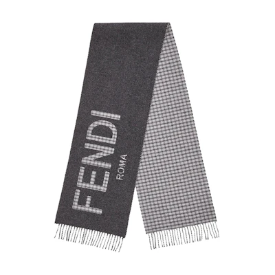 FENDI Gray Plaid Reversible Wool-Cashmere Blend Scarf Unisex Couple Style FXT334AHR1F0QZ0