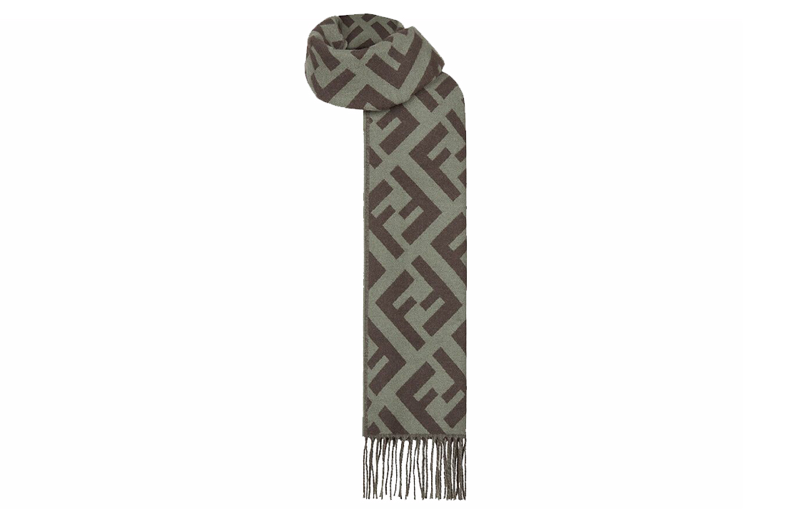 FENDI Green Cashmere Scarf with FF Pattern Unisex Couple Style. FXT260A8RSF0QG2