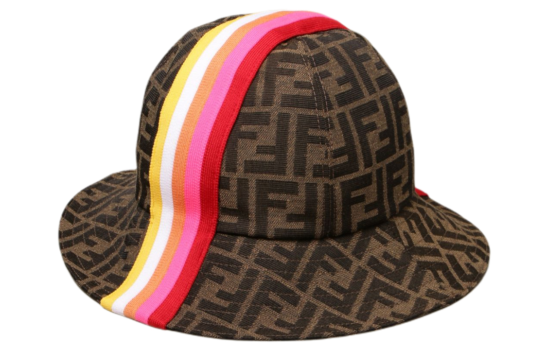 Lookbook Sombrero FENDI Kids Algodón FF Monograma Rojo Amarillo Blanco Diseño Rayado. JUP009-AF11-F1CWQ