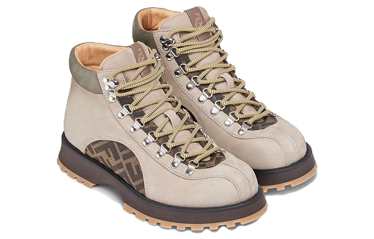 Fendi Leather Lace-Up Round Toe Short Boots 'Beige' 圖 4