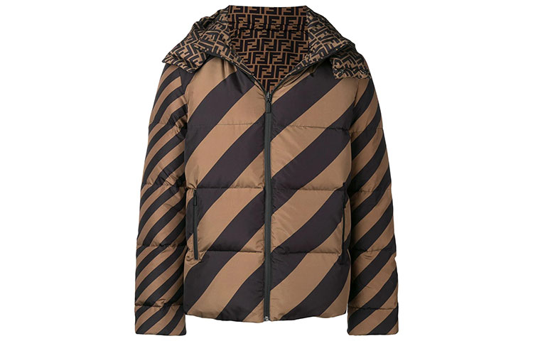 FENDI Letter Striped Print Puffer Jacket with Hood in Dark Brown. FAA582A79OF13IZ