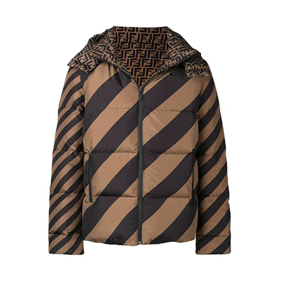 FENDI Letter Striped Print Puffer Jacket with Hood in Dark Brown. FAA582A79OF13IZ