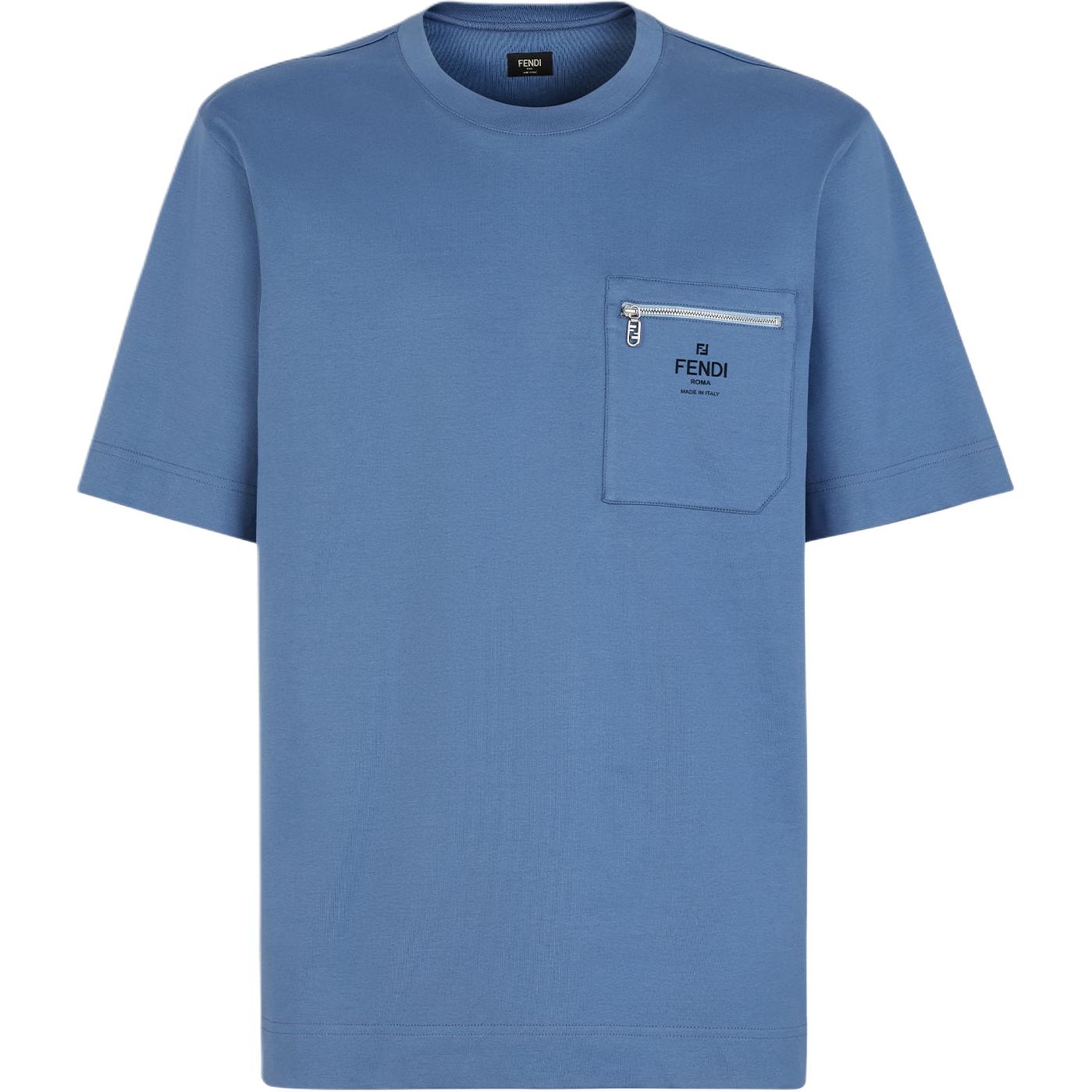 FENDI Logo Pocket Crewneck Casual T-Shirt SS24 Men’s Blue Tee. FY0936ARYRF0GCT
