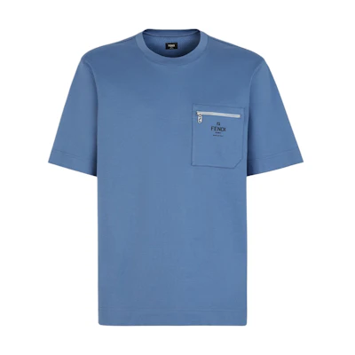 FENDI Logo Pocket Crewneck Casual T-Shirt SS24 Men’s Blue Tee. FY0936ARYRF0GCT