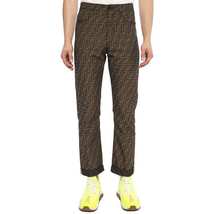 Shop FENDI 棕色男女同款直筒牛仔裤带Logo印花 FLP237A6WJF1440