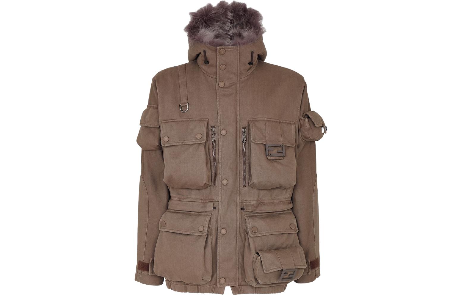 Fendi Long Sleeve Fur Jacket in Coarse Twill Fabric FW1215AM7QF1J7D
